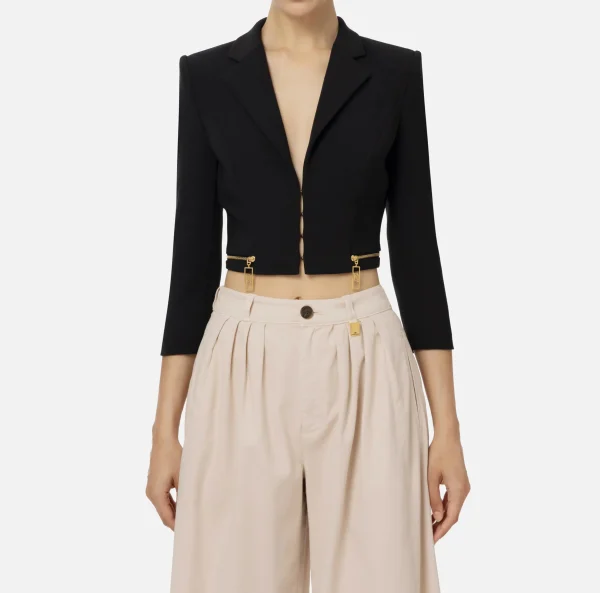 Elisabetta Franchi Giacche & Trench^Giacca cropped in crêpe stretch con zip Nero