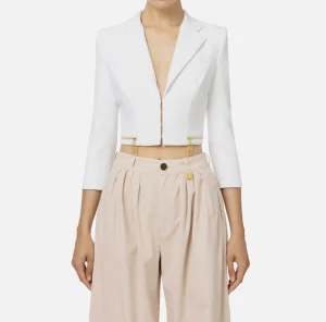 Elisabetta Franchi Giacche & Trench^Giacca cropped in crêpe stretch con zip Avorio