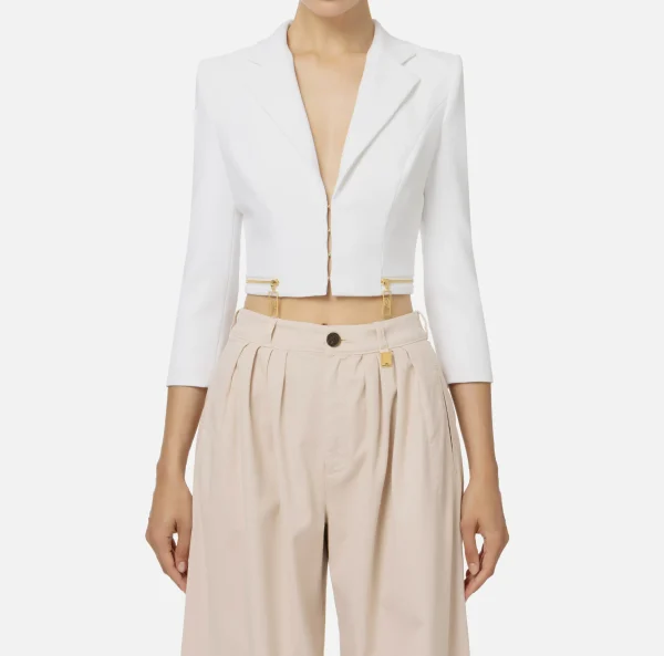 Elisabetta Franchi Giacche & Trench^Giacca cropped in crêpe stretch con zip Avorio