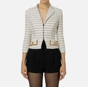 Elisabetta Franchi Giacche & Trench | Tailleur^Giacca cropped in crêpe stretch stampa rombo con catena Burro/Nero