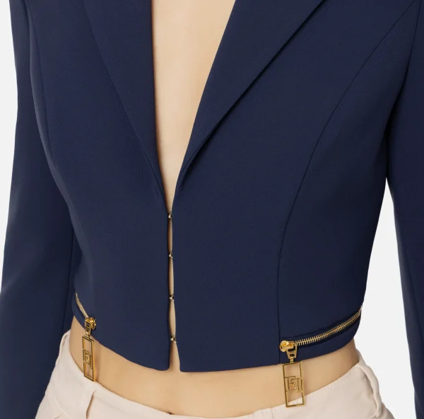 Elisabetta Franchi Giacche & Trench^Giacca cropped in crêpe stretch con zip Navy