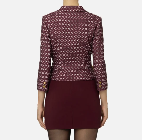 Elisabetta Franchi Giacche & Trench | Tailleur^Giacca cropped in crêpe stretch stampa rombo con catena RougeNoir/Burro