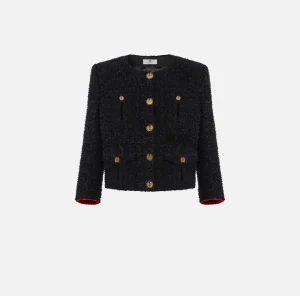 Elisabetta Franchi Giacche & Trench^Giacca cropped in tweed con tasche Nero/RedPassion