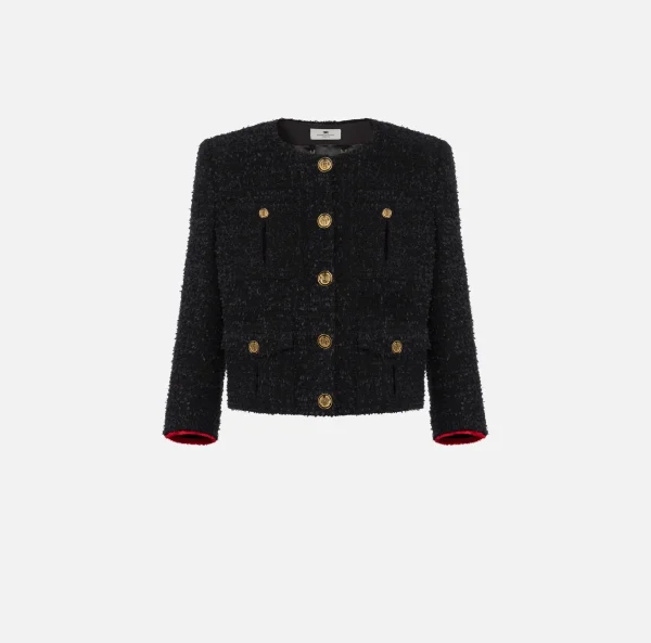 Elisabetta Franchi Giacche & Trench^Giacca cropped in tweed con tasche Nero/RedPassion