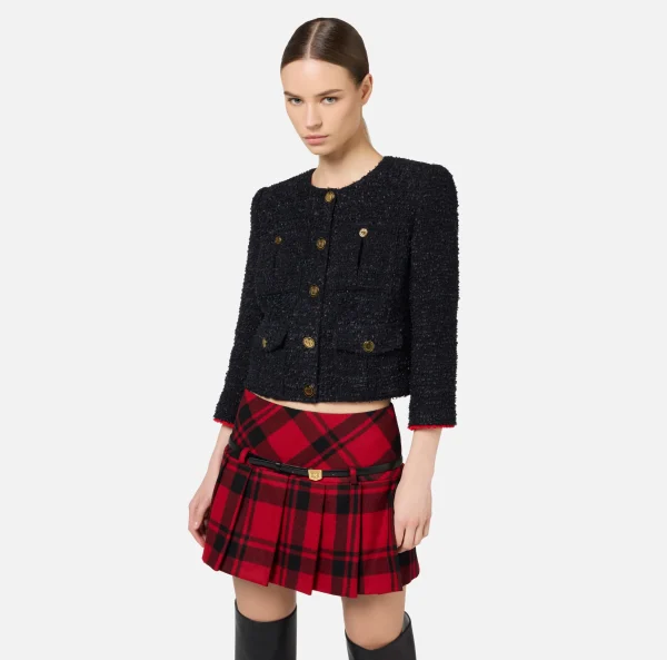 Elisabetta Franchi Giacche & Trench^Giacca cropped in tweed con tasche Nero/RedPassion
