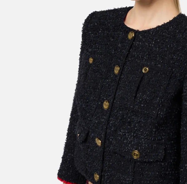Elisabetta Franchi Giacche & Trench^Giacca cropped in tweed con tasche Nero/RedPassion
