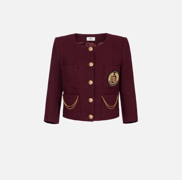 Elisabetta Franchi Giacche & Trench^Giacca cropped in tweed laminato con tasche RougeNoir