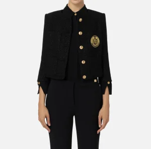 Elisabetta Franchi Giacche & Trench^Giacca cropped in tweed laminato con tasche Nero