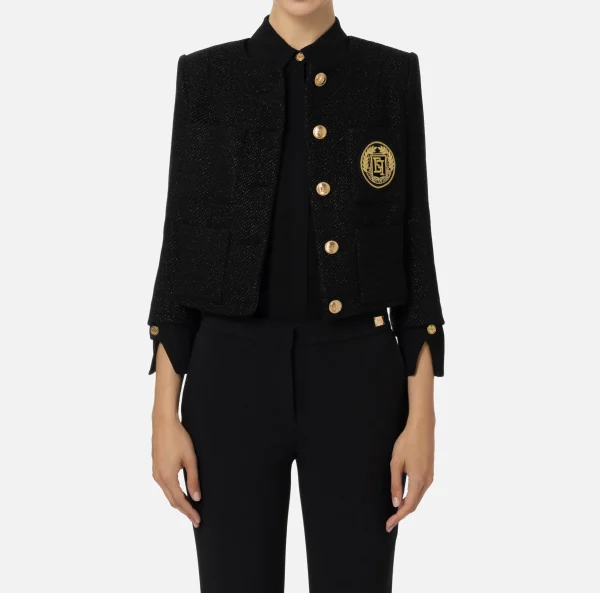 Elisabetta Franchi Giacche & Trench^Giacca cropped in tweed laminato con tasche Nero