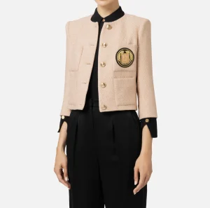 Elisabetta Franchi Giacche & Trench^Giacca cropped in tweed laminato con tasche PeachRose