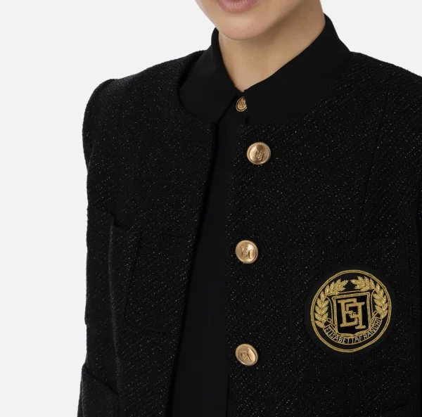 Elisabetta Franchi Giacche & Trench^Giacca cropped in tweed laminato con tasche Nero