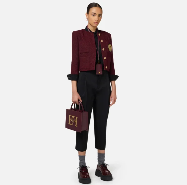 Elisabetta Franchi Giacche & Trench^Giacca cropped in tweed laminato con tasche RougeNoir
