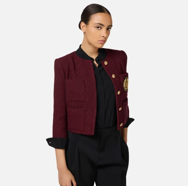 Elisabetta Franchi Giacche & Trench^Giacca cropped in tweed laminato con tasche RougeNoir