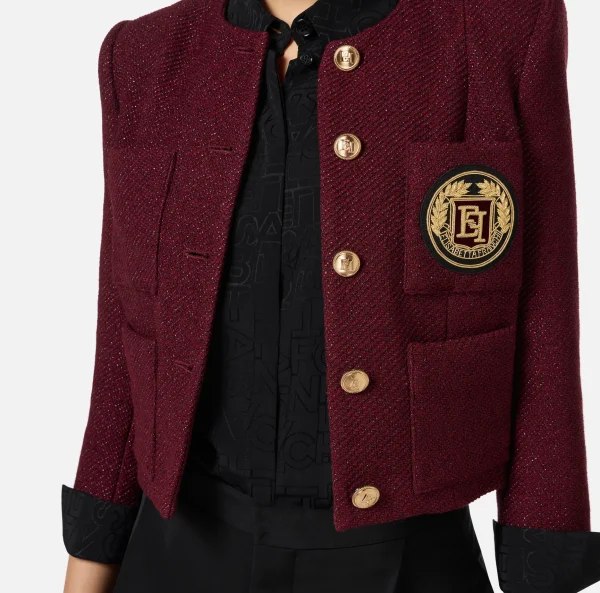 Elisabetta Franchi Giacche & Trench^Giacca cropped in tweed laminato con tasche RougeNoir