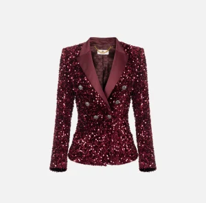 Elisabetta Franchi Tailleur | Giacche & Trench^Giacca doppiopetto in ciniglia ricamata con pailettes RougeNoir