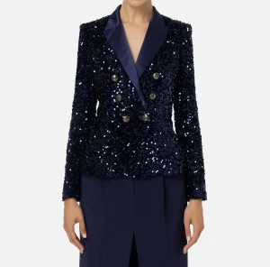 Elisabetta Franchi Tailleur | Giacche & Trench^Giacca doppiopetto in ciniglia ricamata con pailettes Navy