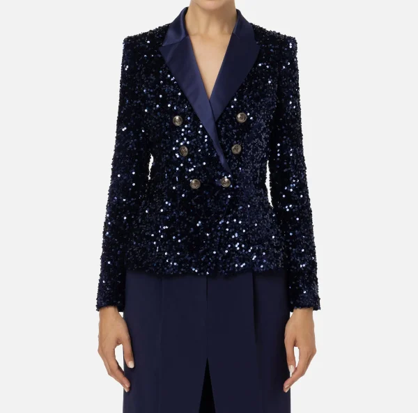 Elisabetta Franchi Tailleur | Giacche & Trench^Giacca doppiopetto in ciniglia ricamata con pailettes Navy