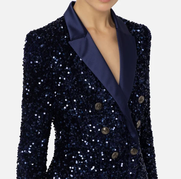 Elisabetta Franchi Tailleur | Giacche & Trench^Giacca doppiopetto in ciniglia ricamata con pailettes Navy