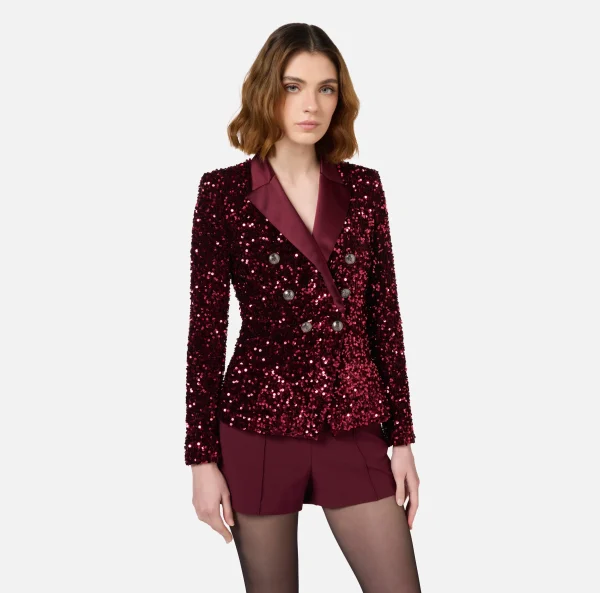 Elisabetta Franchi Tailleur | Giacche & Trench^Giacca doppiopetto in ciniglia ricamata con pailettes RougeNoir