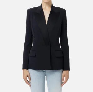 Elisabetta Franchi Giacche & Trench^Giacca doppiopetto in crêpe con revers in raso Nero