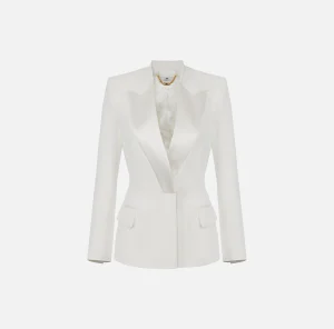 Elisabetta Franchi Giacche & Trench^Giacca doppiopetto in crêpe con revers in raso Avorio