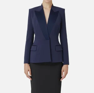 Elisabetta Franchi Giacche & Trench^Giacca doppiopetto in crêpe con revers in raso Navy