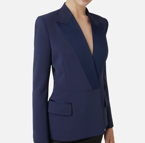 Elisabetta Franchi Giacche & Trench^Giacca doppiopetto in crêpe con revers in raso Navy