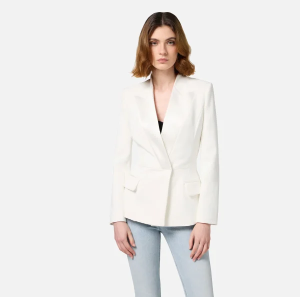 Elisabetta Franchi Giacche & Trench^Giacca doppiopetto in crêpe con revers in raso Avorio