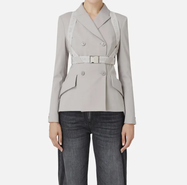 Elisabetta Franchi Tailleur | Giacche & Trench^Giacca doppiopetto in fresco lana mélange con harness elastico Perla