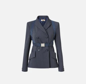 Elisabetta Franchi Tailleur | Giacche & Trench^Giacca doppiopetto in fresco lana mélange con harness elastico Navy