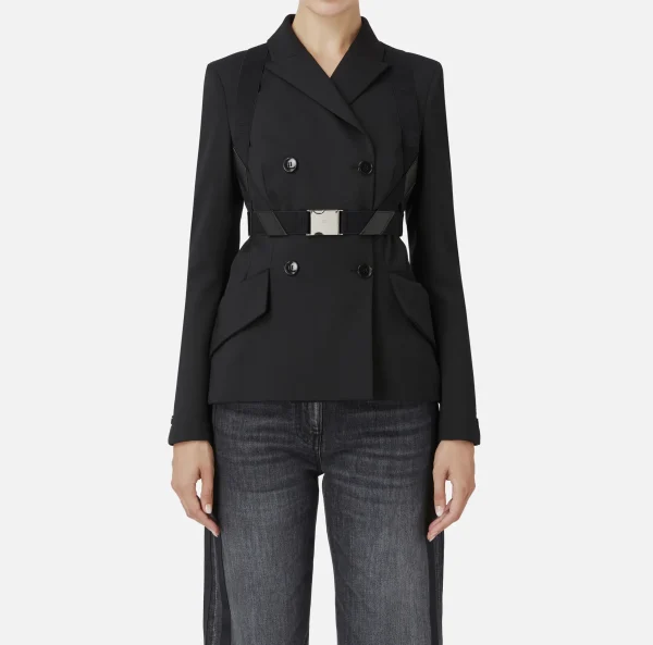 Elisabetta Franchi Tailleur | Giacche & Trench^Giacca doppiopetto in fresco lana mélange con harness elastico Nero