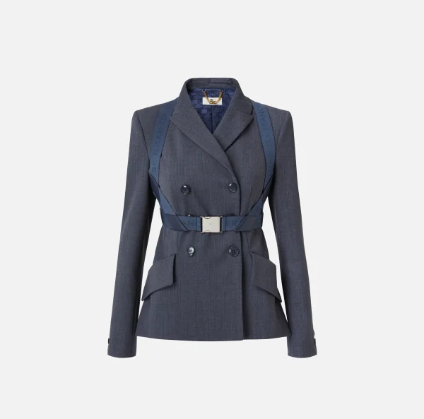 Elisabetta Franchi Tailleur | Giacche & Trench^Giacca doppiopetto in fresco lana mélange con harness elastico Navy