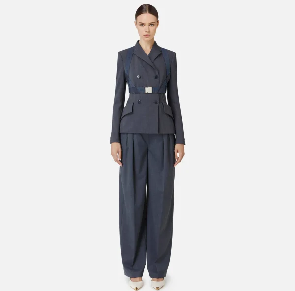 Elisabetta Franchi Tailleur | Giacche & Trench^Giacca doppiopetto in fresco lana mélange con harness elastico Navy