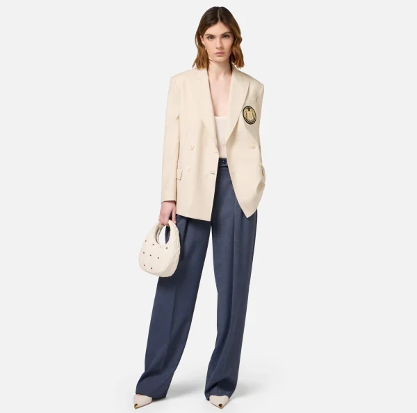 Elisabetta Franchi Giacche & Trench^Giacca doppiopetto in fresco di lana con patch Crema