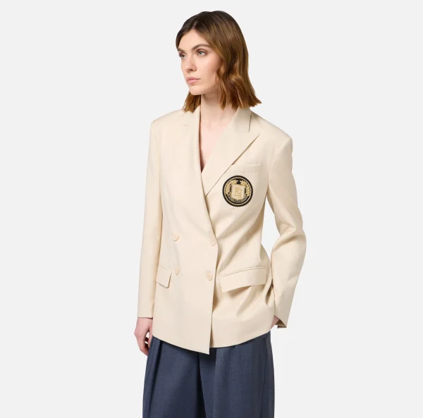 Elisabetta Franchi Giacche & Trench^Giacca doppiopetto in fresco di lana con patch Crema