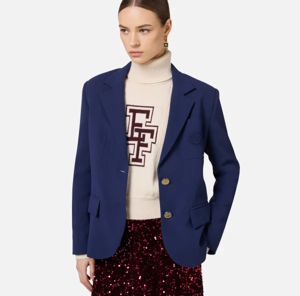 Elisabetta Franchi Giacche & Trench^Giacca in crêpe con ricamo stemma Navy