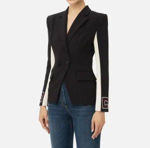 Elisabetta Franchi Giacche & Trench^Giacca in crêpe stretch con bande e ricamo logo Nero/Burro