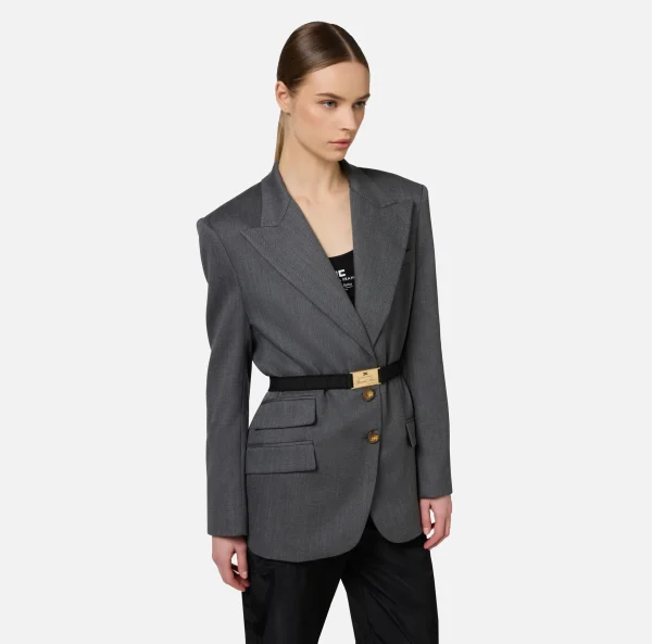 Elisabetta Franchi Tailleur | Giacche & Trench^Giacca in fresco di lana con cintura SteelMelange