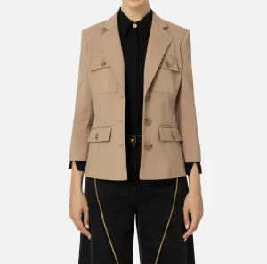Elisabetta Franchi Giacche & Trench^Giacca monopetto in fresco di lana con tasche Camel