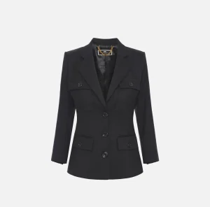 Elisabetta Franchi Giacche & Trench^Giacca monopetto in fresco di lana con tasche Nero