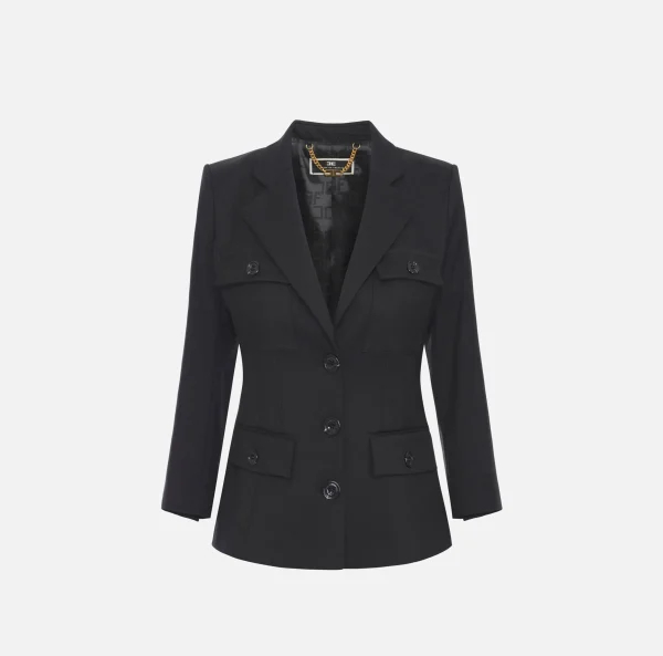 Elisabetta Franchi Giacche & Trench^Giacca monopetto in fresco di lana con tasche Nero