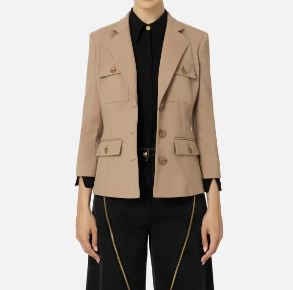 Elisabetta Franchi Giacche & Trench^Giacca monopetto in fresco di lana con tasche Camel