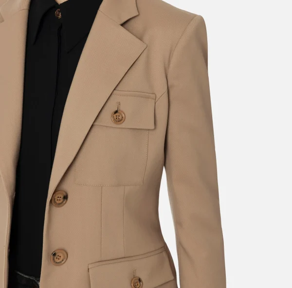 Elisabetta Franchi Giacche & Trench^Giacca monopetto in fresco di lana con tasche Camel