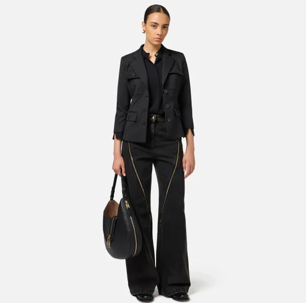 Elisabetta Franchi Giacche & Trench^Giacca monopetto in fresco di lana con tasche Nero