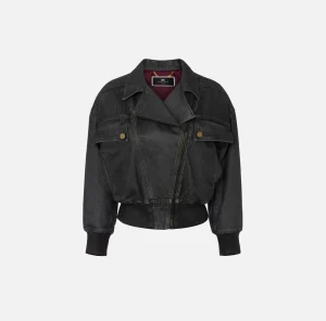 Elisabetta Franchi Giacche & Trench^Giubbotto in denim craquelé lucido Steel