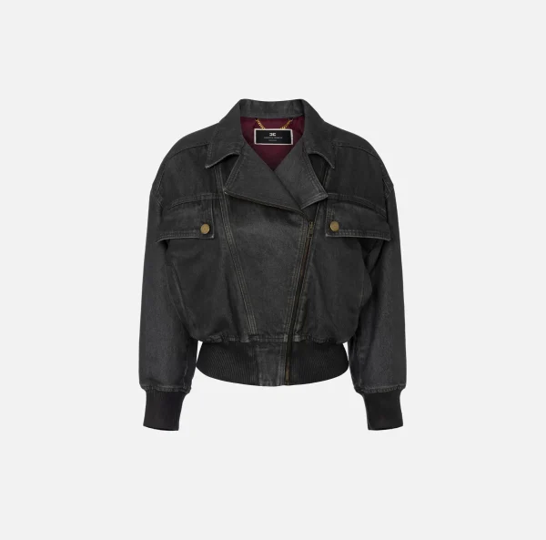 Elisabetta Franchi Giacche & Trench^Giubbotto in denim craquelé lucido Steel