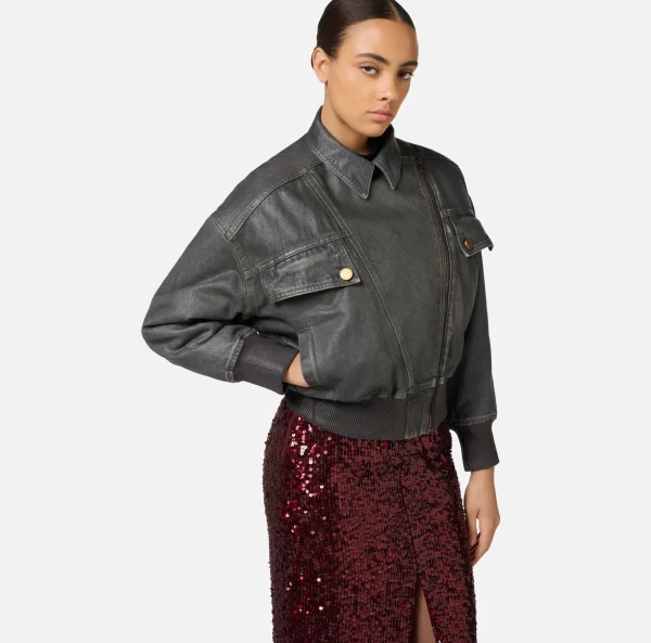 Elisabetta Franchi Giacche & Trench^Giubbotto in denim craquelé lucido Steel