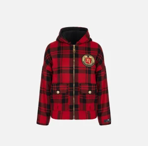 Elisabetta Franchi Capispalla^Giubbotto in lana tartan imbottito con cappuccio e patch ricamato RedPassion/Nero