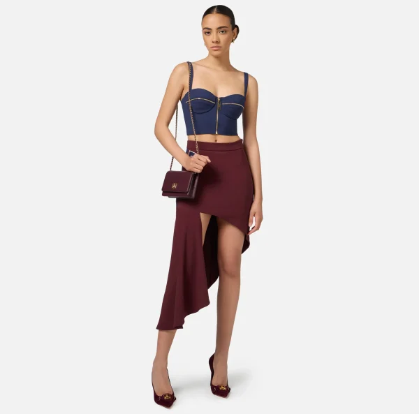 Elisabetta Franchi Gonne^Gonna asimmetrica in crêpe stretch con bande e ricamo logo Oro