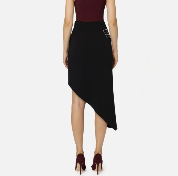 Elisabetta Franchi Gonne^Gonna asimmetrica in crêpe stretch con bande e ricamo logo Nero/Burro